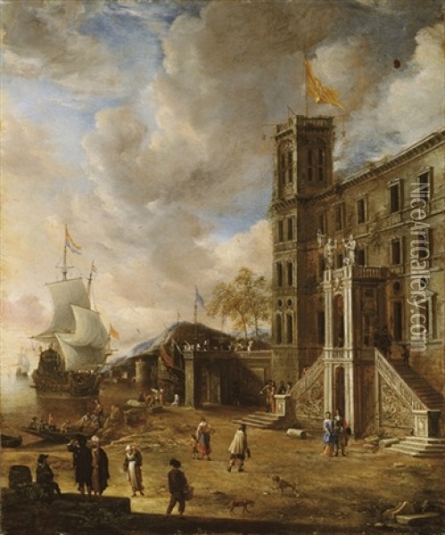 Palais Italien Pres D'un Port Oil Painting - Jan Abrahamsz. Beerstraten