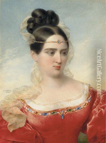 A Young Lady Called Madame De Senonnes, In Red Silk Dress, The Border Encrusted With Multi-coloured Jewels And Gold-bordered White Underdress, Gold Necklace Worn As A Headband Oil Painting - Jean-Baptiste Isabey