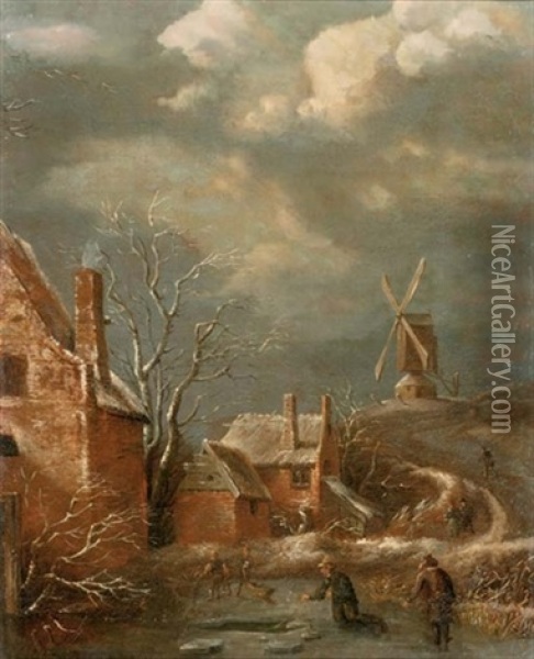 A Winter Landscape With Figures On A Frozen Lake, Cottages Nearby And A Windmill Beyond Oil Painting - Nicolaes Molenaer