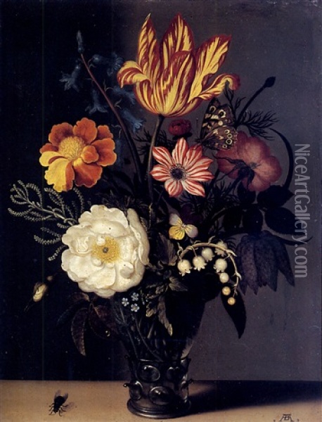 Nature Morte Au Bouquet De Roses, Tulips Et Muguet Dans Un Verre Roemer Oil Painting - Ambrosius Bosschaert the Elder
