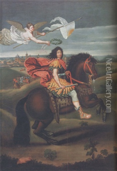An Equestrian Portrait Of Louis Xiv, Crowned By Victory, Before Maastricht Oil Painting - Pierre Mignard the Elder