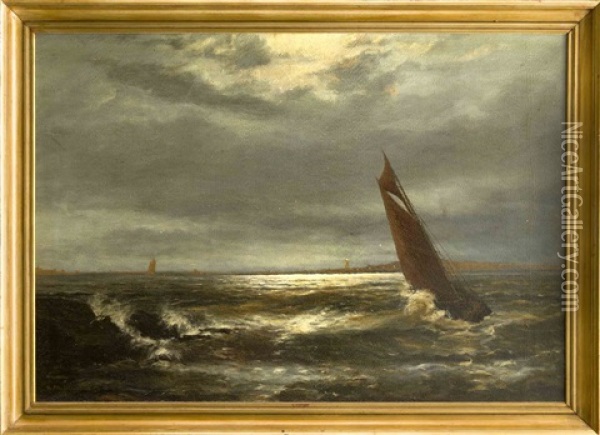 Seestuck Bei Mondlicht Mit Seglern Und Der Kuste Mit Leuchtturm Im Hintergrund Oil Painting - Gerhard Arij Ludwig Morgenstjerne Munthe