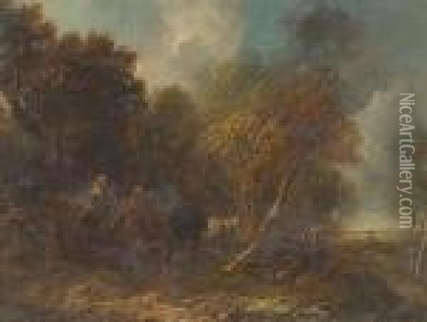 A Forest Landscape With Figures In A Wagon Oil Painting - Alfred Montague