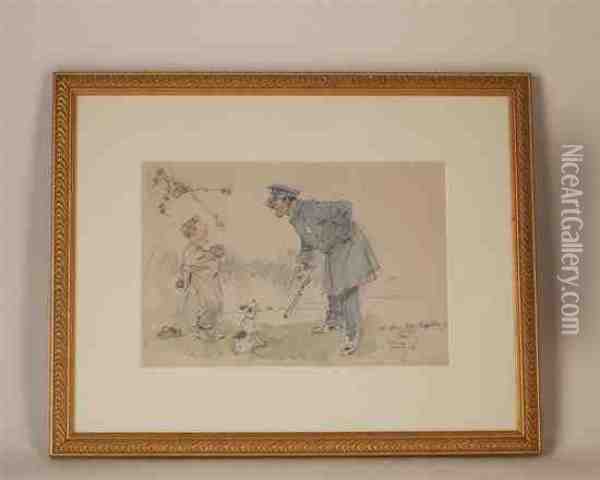 A Policeman With Young Boy And Dog Oil Painting - Tony Sarg