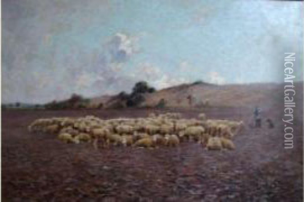 Berger Et Moutons Dans Un Paysage Oil Painting - Edouard Pail