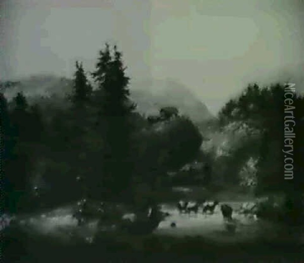 Figures And Cows In An Alpine Landscape Oil Painting - Rudolf (Heinrich Albert) Poeppel