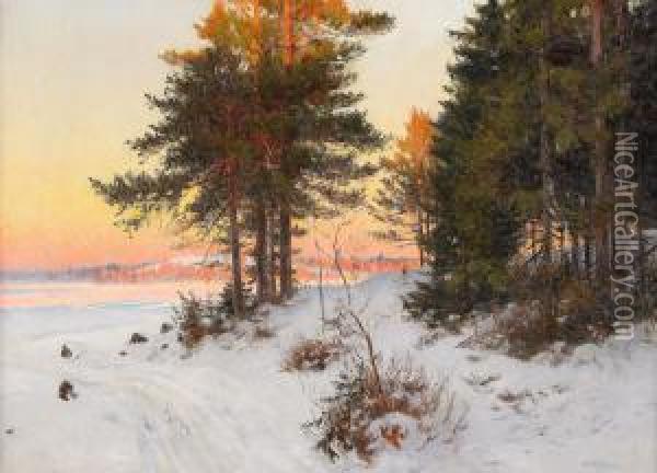 Vinterlandskap I Aftonrodnad Oil Painting - Axel Lindman