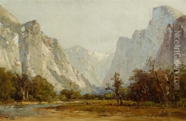 Yosemite Valley With Riders Along The Valley Floor Oil Painting - Thomas Hill