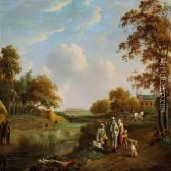Hunters And Fowlers In A Landscape Oil Painting - Jens Juel