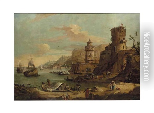 Vue De Port Avec Des Fortifications Oil Painting - Giuseppe Zais