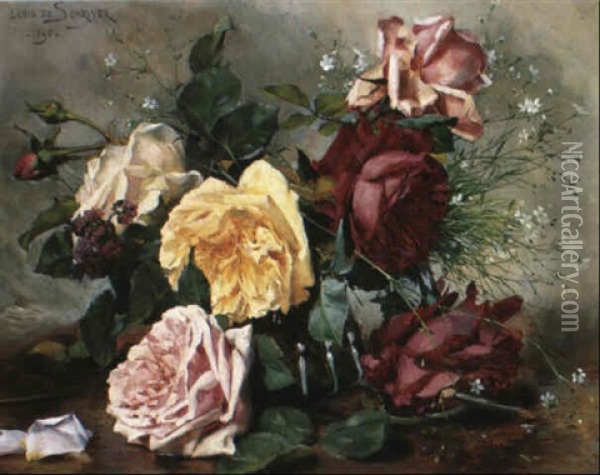 Stilleben Mit Weisen, Gelben, Rosafarbenen Und Roten Rosen Oil Painting - Louis Marie de Schryver