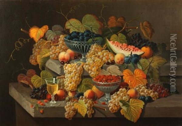 Still Life With Fruit And Glass Of White Wine Oil Painting - Severin Roesen