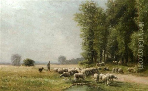 Berger Et Son Troupeau, Plaine De Chailly, L'ete Oil Painting - Jean Ferdinand Chaigneau