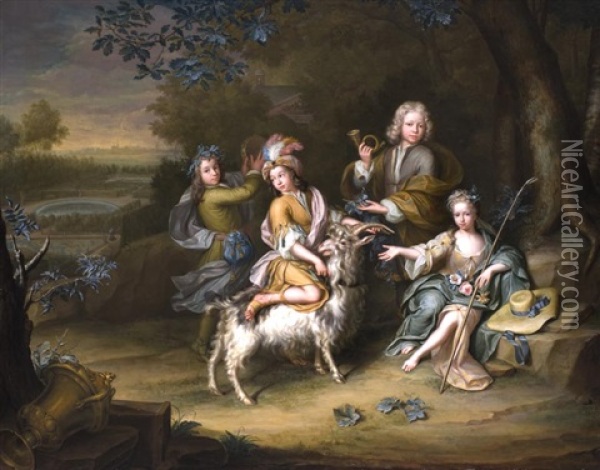 Kinder In Jagdkleidung Mit Ziegenbock Oil Painting - Hieronymus van der Mij