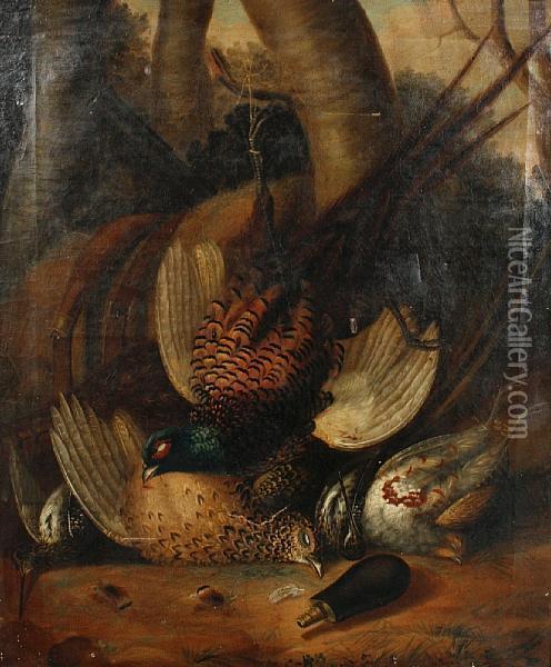 A Dead Pheasant And Other Birds At The Foot Of A Tree With Hunting Paraphenalia Oil Painting - Jan Weenix