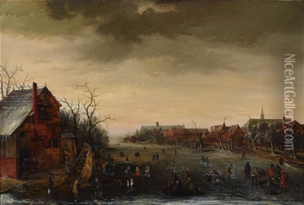 Skaters On Dutch Canal Landscape Oil Painting - Cornelis Liefrinck II