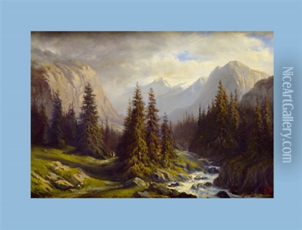 Bergbach Und Tannen Im Gebirge Oil Painting - Jules Jequier