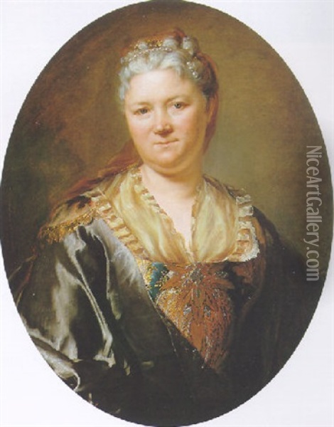 Portrait De Femme A La Robe Brodee Oil Painting - Jacques Andre Joseph Aved