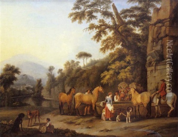 Repos De Cavaliers Aupres D'un Abreuvoir Dans La Campagne Italienne Oil Painting - Johann Gottlieb Hackert