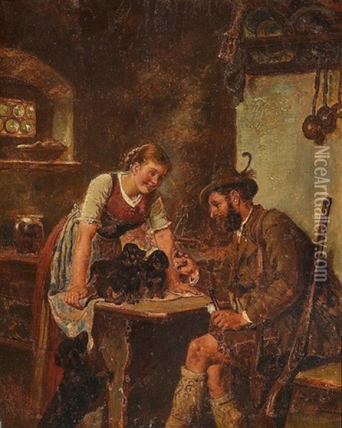 Jager Und Dirndl Mit Dackelfamilie Oil Painting - Adolf Eberle