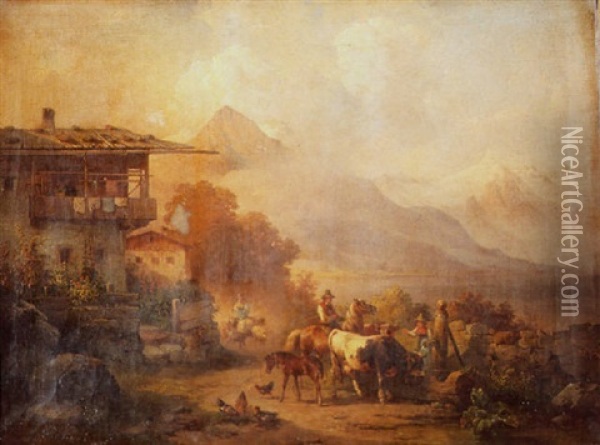 Untitled (mountain Village Landscape With Figures) Oil Painting - Edmund Mahlknecht