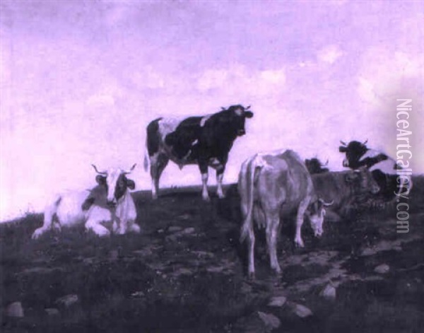 Kuhe Und Stier An Einem Berghang Oil Painting - Edouard-Louis-Auguste Metton