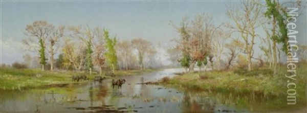 Weite Flusslandschaft Mit Buffeln Oil Painting - Pietro Barucci