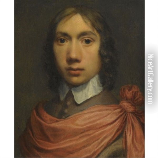 Portrait Of A Young Man, Head And Shoulders In A Brown Coat With A White Collar And A Red Sash Oil Painting - Jan De Bray