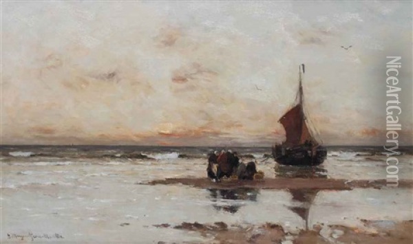 Fisherwomen By A Beached Bomschuit Oil Painting - Gerhard Arij Ludwig Morgenstjerne Munthe