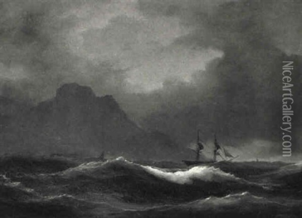 Marine Med Sejlb+de Ud For Klippekyst Oil Painting - Vilhelm Melbye
