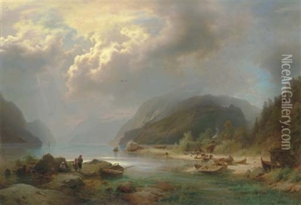 Alpine Lake Scene Oil Painting - Hermann Herzog