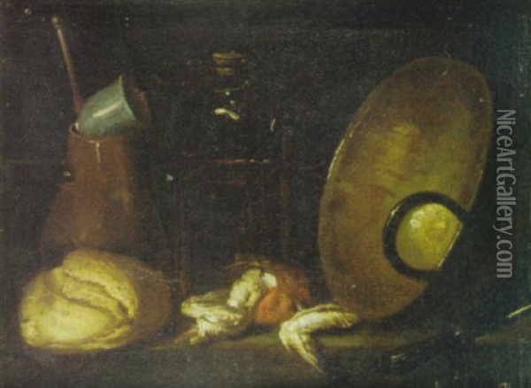 Bodegon Con Pan, Jicara Y Recipientes De Cobre Sobre Una Repisa Oil Painting - Giovanni Battista Recco