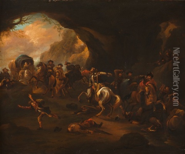 Uberfall Vor Einer Gebirgsgrotte Oil Painting - Simon Johannes van Douw