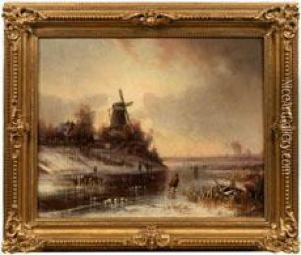 Eisvergnugen An Einerwindmuhle Im Abendrot Oil Painting - Adolf Stademann