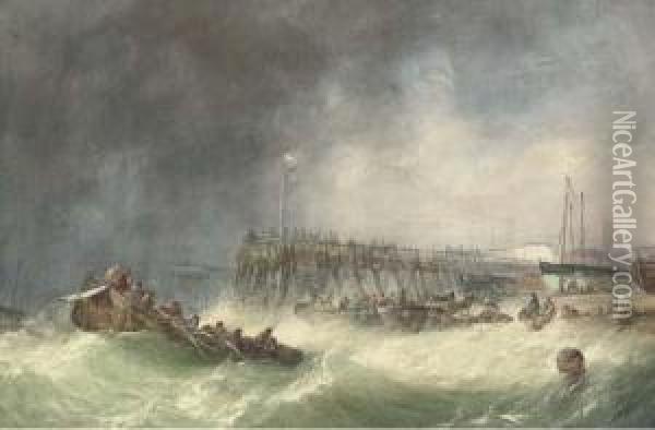 Local Craft Salvaging Wreckage 
Offshore At Great Yarmouth, Withtownspeople On The Beach Recovering 
Barrels As Bystanders Watchfrom The Pier Oil Painting - Alfred Herbert