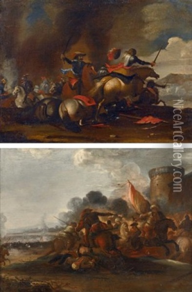 Choc De Cavalerie (pair) Oil Painting - Jacques Courtois