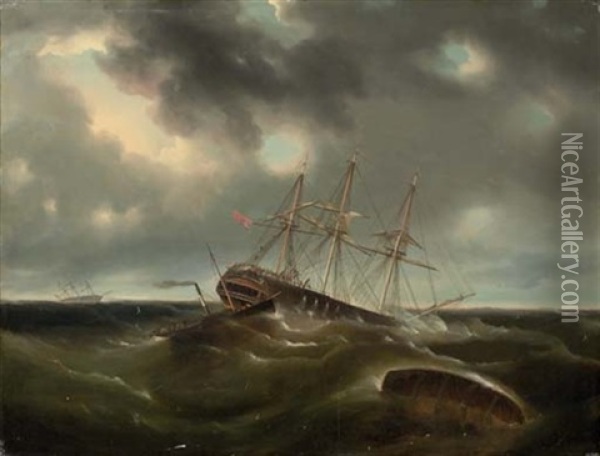 The Merchant Ship "lockwoods" Caught In A Gale Off Liverpool, A Paddle Tug Arriving To Assist Oil Painting - James Edward Buttersworth