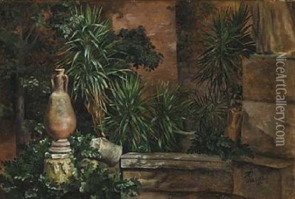 Palm Trees And Jars From Villa Valkansky In Rome Oil Painting - Anthonie Eleonore (Anthonore) Christensen