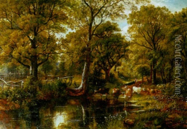 Cattle Watering At A Wooded Pond Oil Painting - John Joseph Hughes
