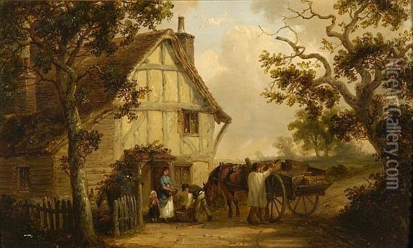 Loading The Cart By A Woodland Cottage Oil Painting - Thomas Smythe