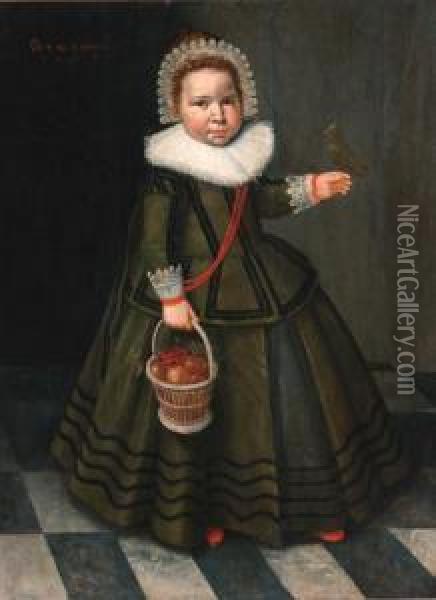 Portrait Of A Young Girl, 
Standing Full-length, In A Grey Dresswith A Ruff And A Lace Headdress, 
Holding A Basket Of Fruit With Abird Perched On Her Hand Oil Painting - Wybrand Simonsz. de Geest