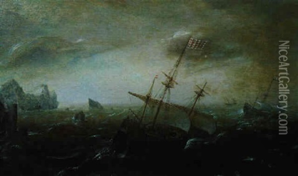 Zwei Dreimaster Auf Bewegter See Vor Einer Felsenkuste Oil Painting - Aert van Antum