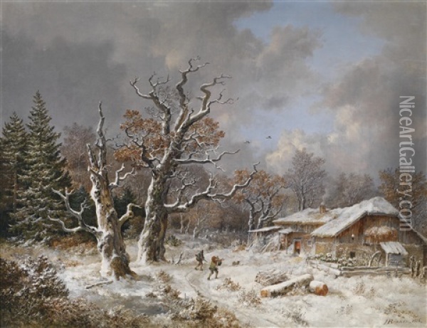 Winterlandschaft Mit Forsthaus Und Wilderern Mit Beute Oil Painting - Heinrich Buerkel