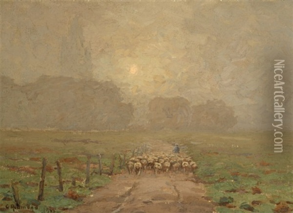 Shepherd Herding Sheep In Misty Landscape Oil Painting - Granville S. Redmond