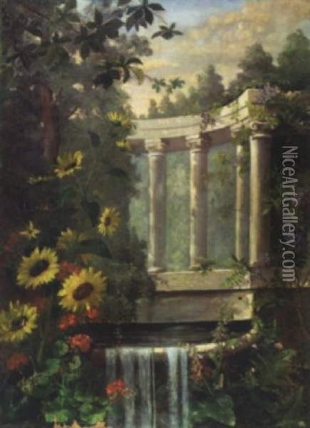 Vue De Parc Fleuri Agremente D'une Fontaine Oil Painting - Gabrielle Millioud-Melay