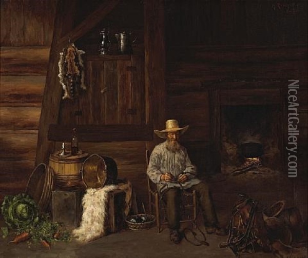 Repairing The Bridle Of A Saddle In A Western Interior Oil Painting - Henry Raschen