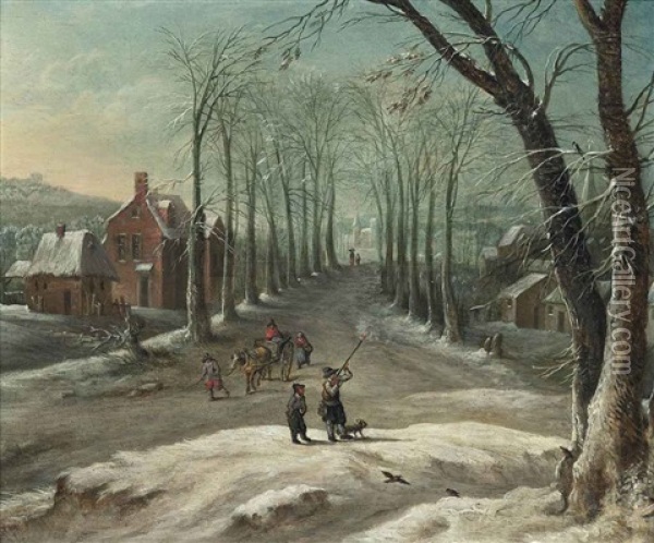 A Winter Village Landscape With Huntsman And Travellers On A Track Oil Painting - Frans de Momper