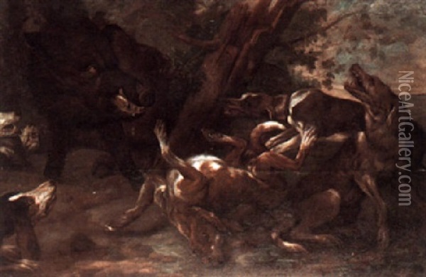 Hounds Attacking A Wild Boar Oil Painting - Philipp Ferdinand de Hamilton