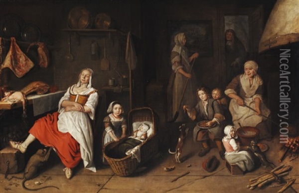 A Family In A Kitchen, With A Maid Asleep By A Table Laden With Meat Oil Painting - Pieter Gerritsz van Roestraten