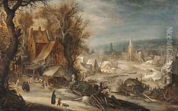 A winter river landscape with a town Oil Painting - Frans de Momper